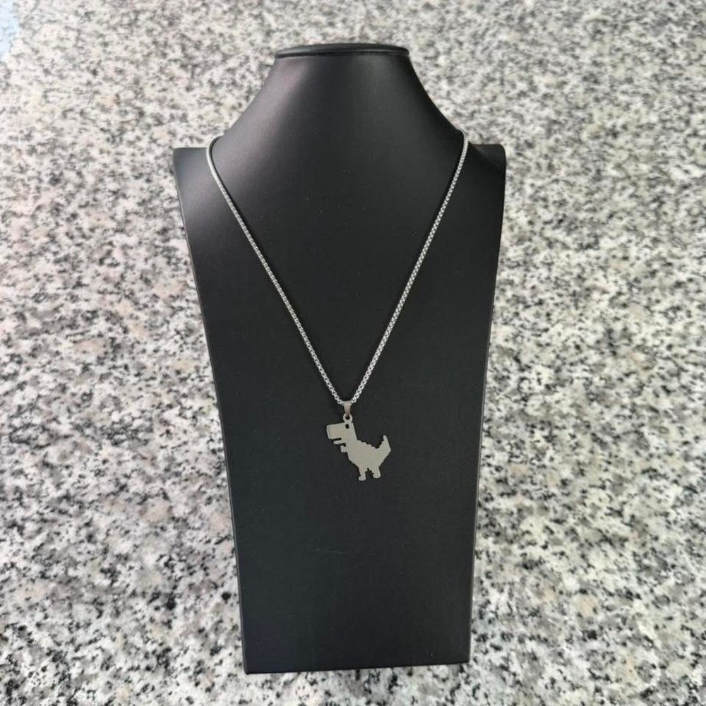Silver Chrome Steel Y2k Retro Pixel Dinosaur Necklace Brand New